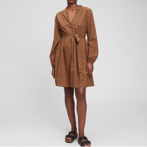 Gap XL NWT Leopard Animal Print Belted Long Sleeve Dress Brown Pockets - Picture 1 of 10